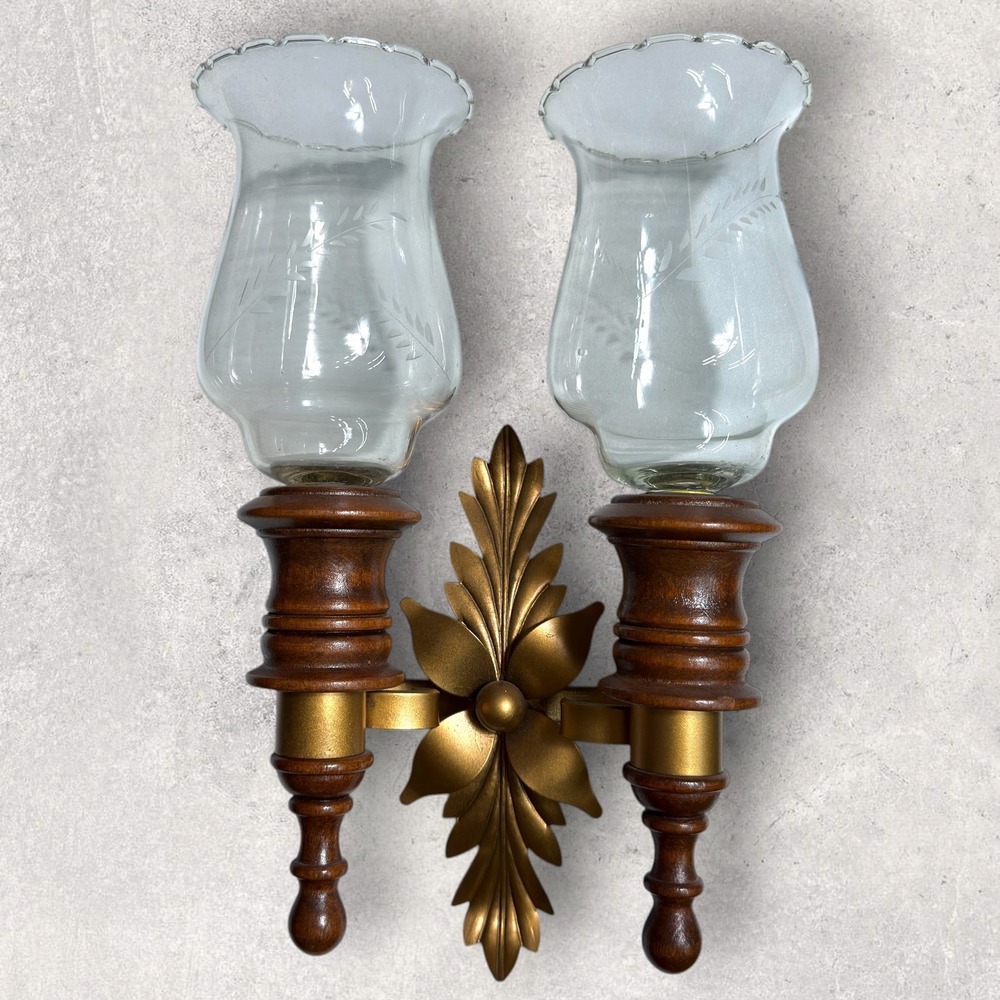 Vintage Double Wall Sconce Wood Gold Metal Floral Etched Glass Hurricane Shades